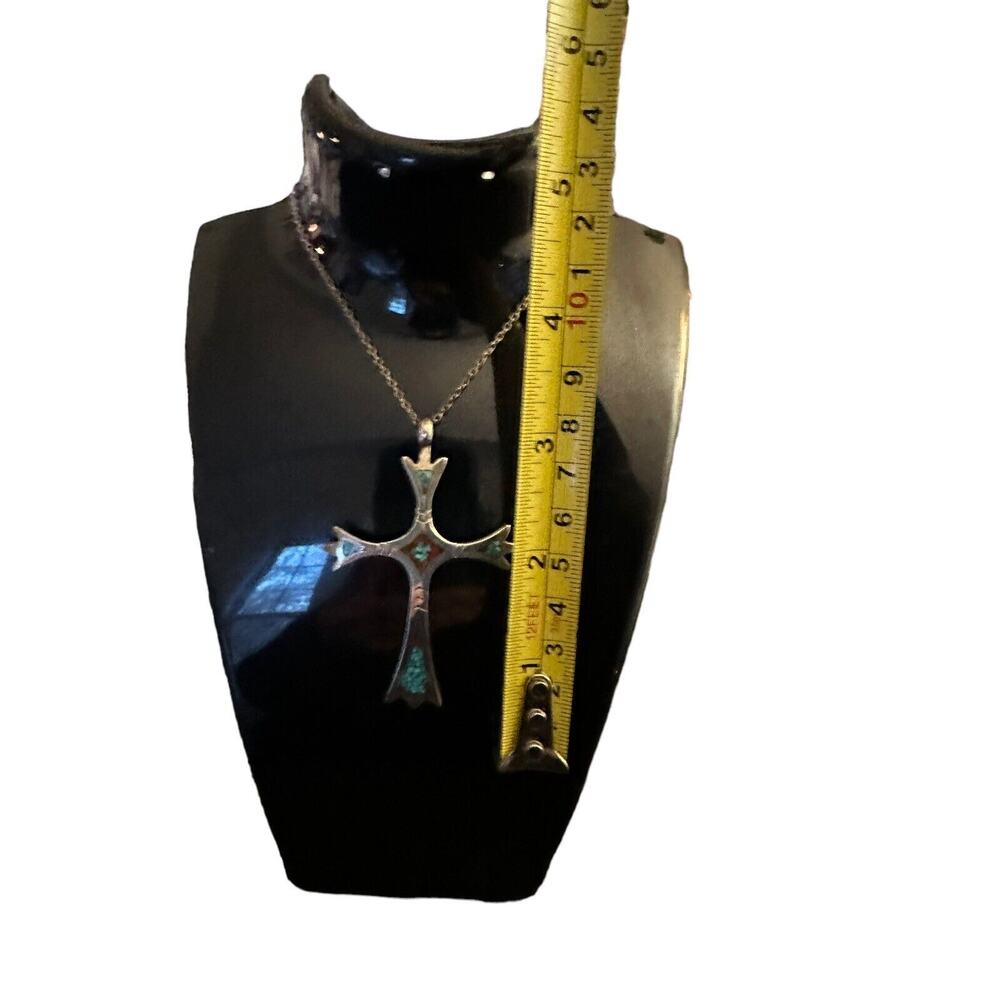 Sterling Native American Cross With Inlaid Red Coral And Turquoise Silver Chain - Picture 8 of 16